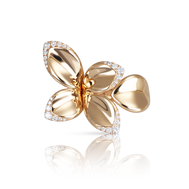 Giardini Segreti Five Leaves Small Flower Ring in 18k Rose Gold with White Diamonds.