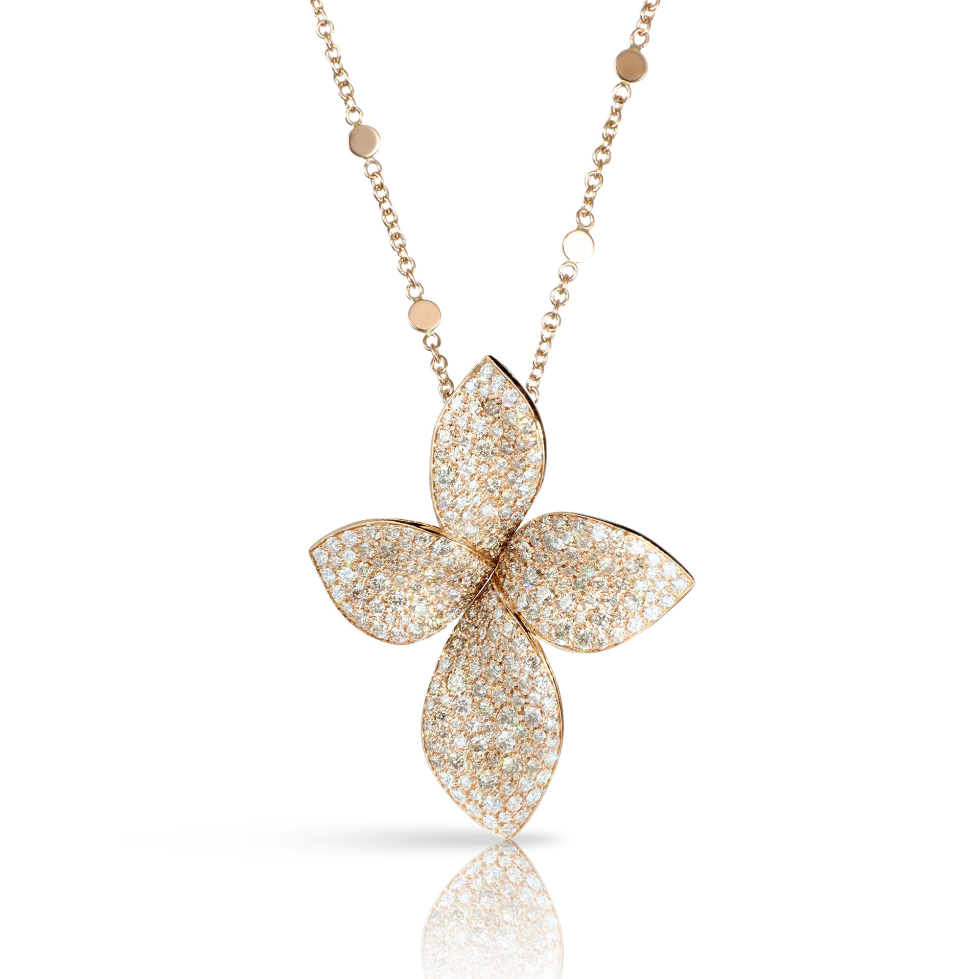 Giardini Segreti Medium Flower Necklace in 18k Rose Gold with White and Champagne Diamonds.