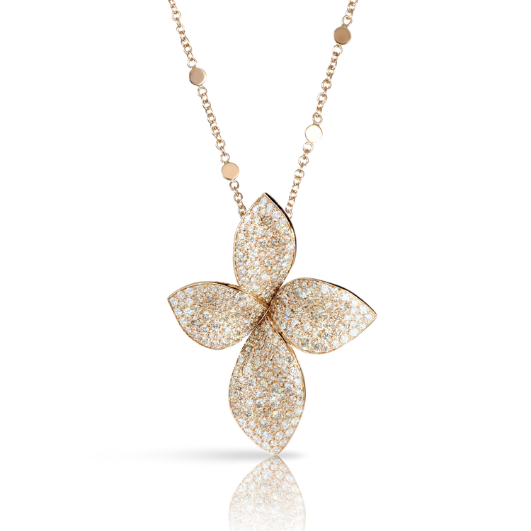 Giardini Segreti Medium Flower Necklace in 18k Rose Gold with White and Champagne Diamonds.