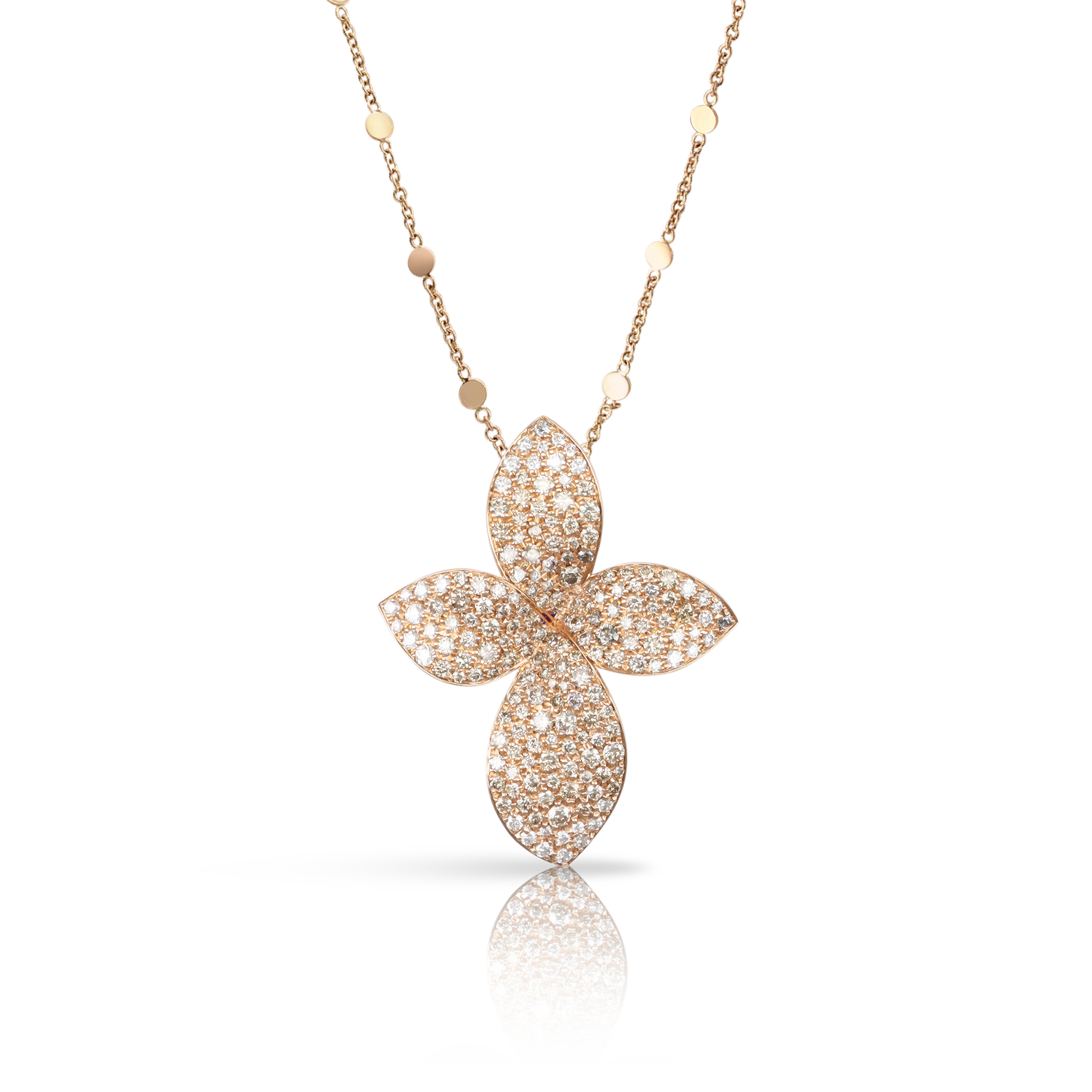 Giardini Segreti Small Flower Necklace in 18k Rose Gold with White and Champagne Diamonds.