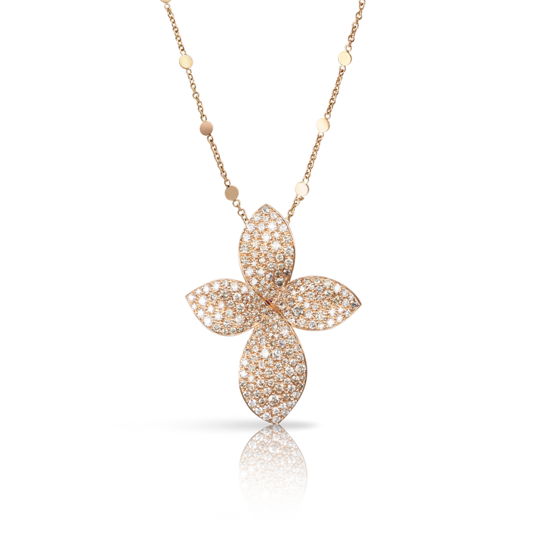 Giardini Segreti Small Flower Necklace in 18k Rose Gold with White and Champagne Diamonds.
