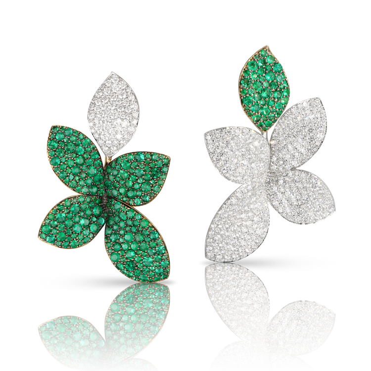 Giardini Segreti Green Soul Earrings in 18k White and Yellow Gold with Diamonds and Emeralds.
