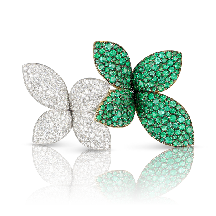Giardini Segreti Green Soul Ring in 18k White and Yellow Gold with Diamonds and Emeralds.