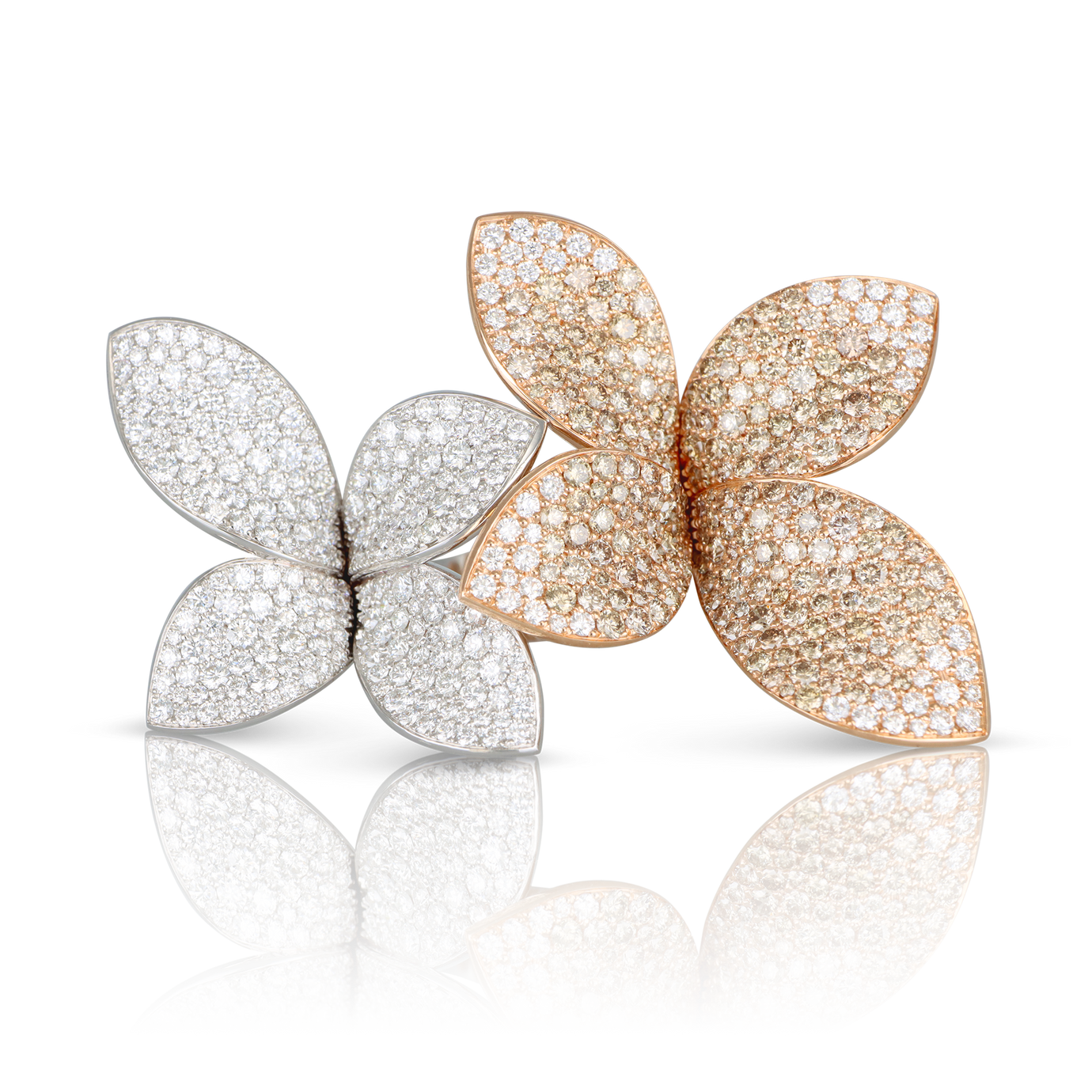 Giardini Segreti Double Flower Ring in 18k Rose and White Gold with White and Champagne Diamonds.