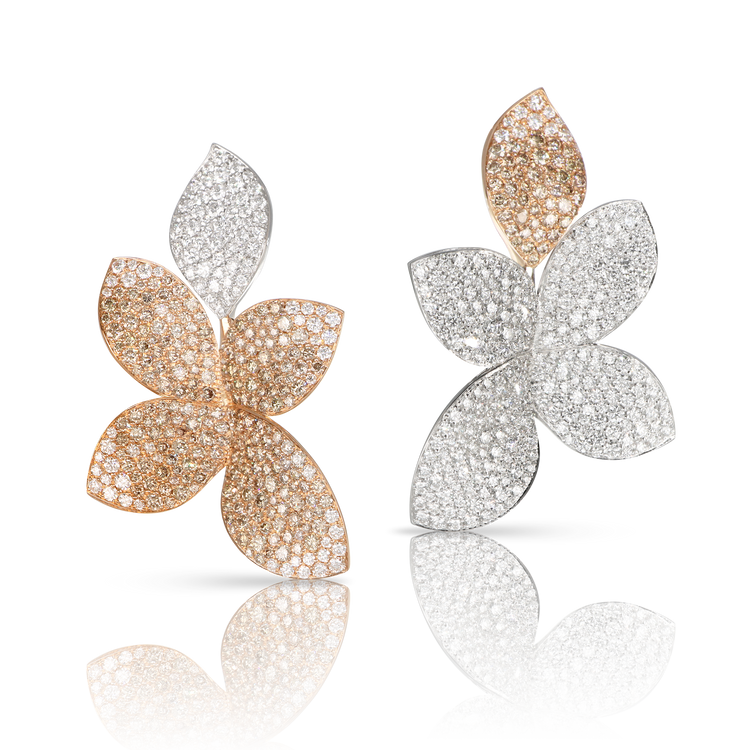 Giardini Segreti Five Leaves Earrings in 18k Rose and White Gold with White and Champagne Diamonds.