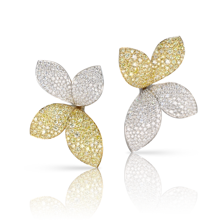 Giardini Segreti Aura Medium Flower Earrings in 18k White and Yellow Gold with White and Fancy Yellow Diamonds.