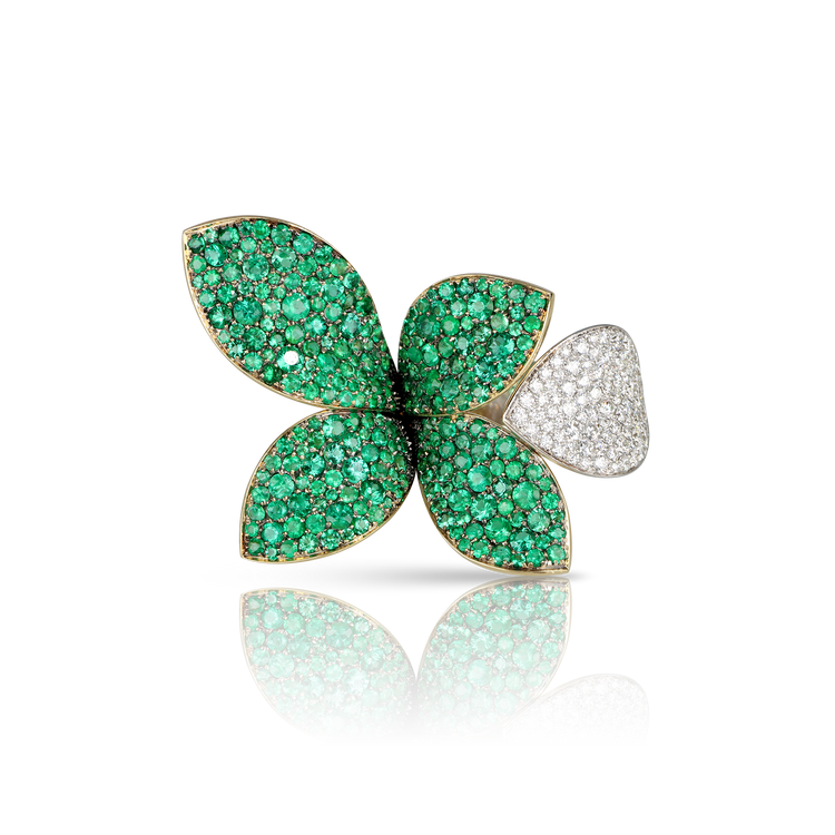Giardini Segreti Green Soul Ring in 18k White and Yellow Gold with Diamonds and Emeralds.