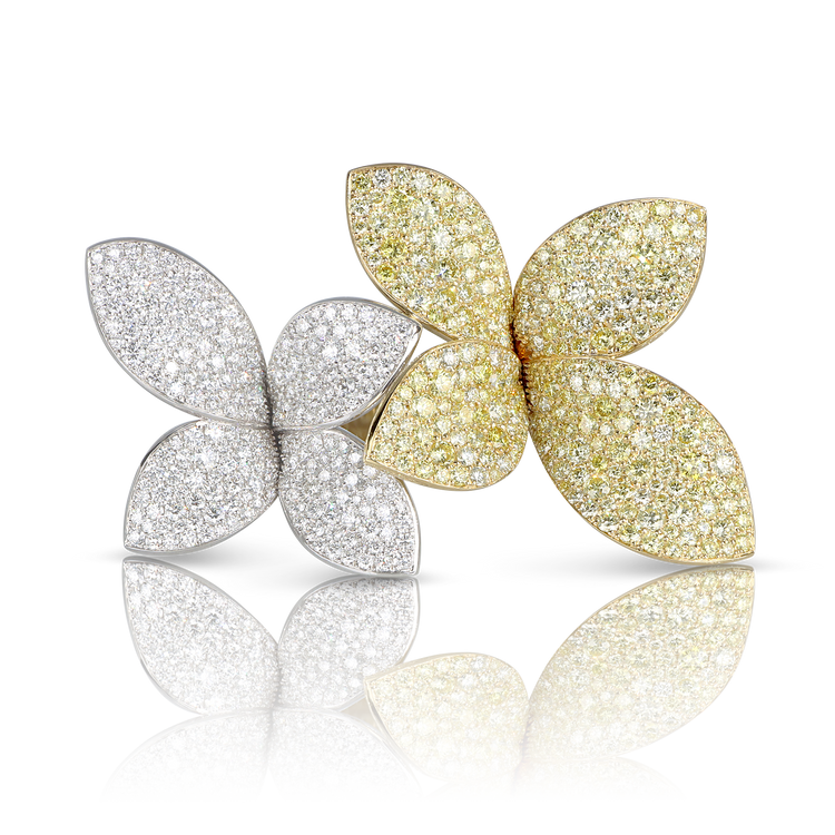 Giardini Segreti Aura Double Flower Ring in 18k White and Yellow Gold with White and Yellow Diamonds.