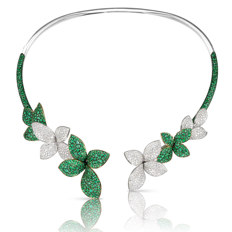 Giardini Segreti Green Soul Collier in 18k White and Yellow Gold with Diamonds and Emeralds.