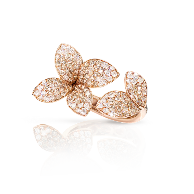 Giardini Segreti Six Leaves Small Flower Ring in 18k Rose Gold with White and Champagne Diamonds.