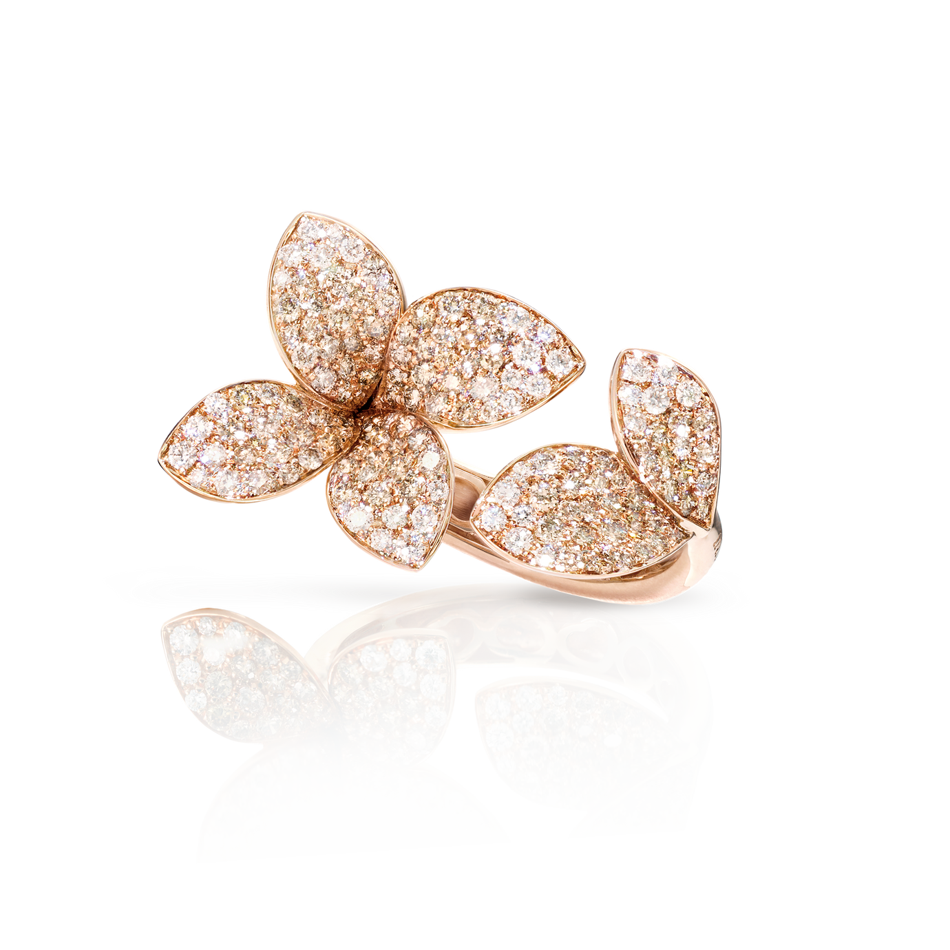 Giardini Segreti Six Leaves Small Flower Ring in 18k Rose Gold with White and Champagne Diamonds.