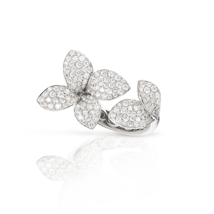 Giardini Segreti Six Leaves Small Flower Ring in 18k White Gold with Diamonds.