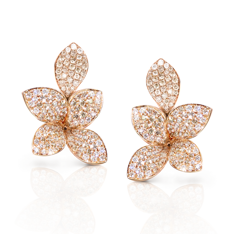 Giardini Segreti Five Leaves Small Earrings in 18k Rose Gold with White and Champagne Diamonds.
