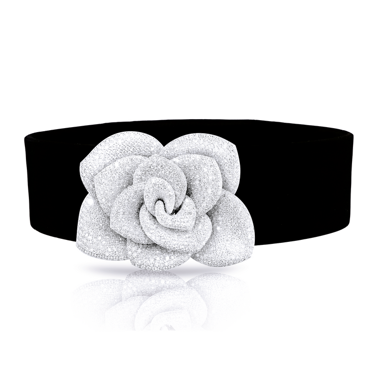 Rosina choker with Black Velvet and white diamonds on 18k White Gold, big version of the flower.