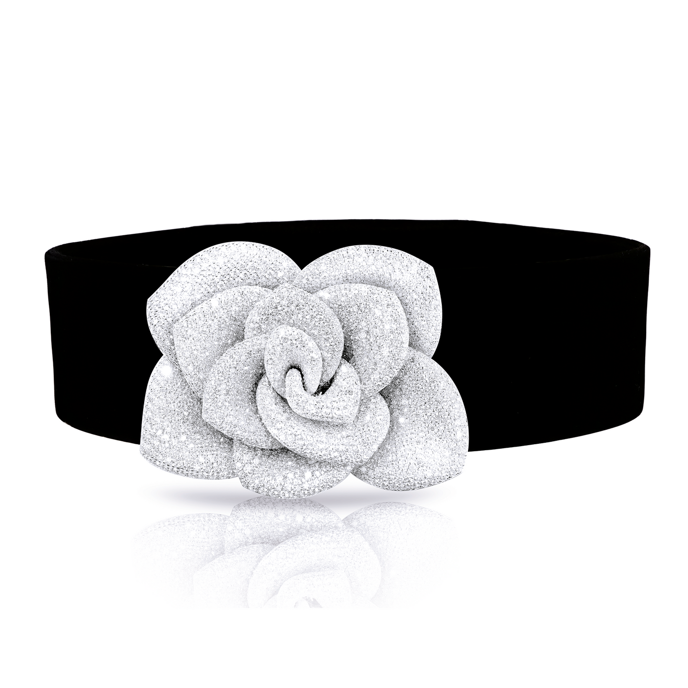 Rosina choker with Black Velvet and white diamonds on 18k White Gold, big version of the flower.