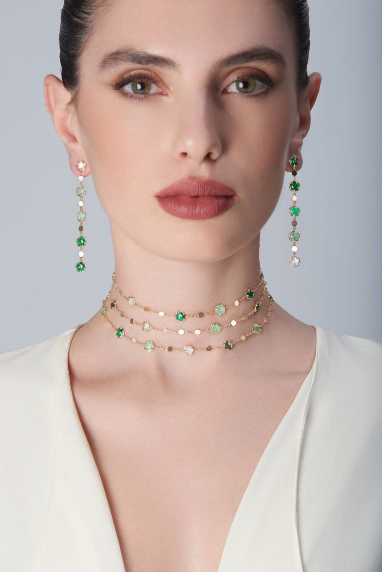 Necklace and earrings in 18k Rose Gold with Green Gems and Diamond.