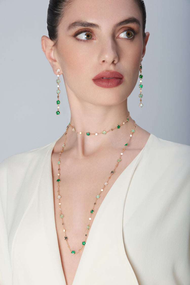 Necklace and earrings in 18k Rose Gold with Green Gems and Diamond.