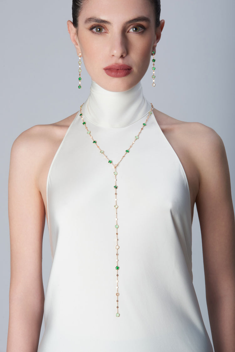 Necklace and earrings in 18k Rose Gold with Green Gems and Diamond.