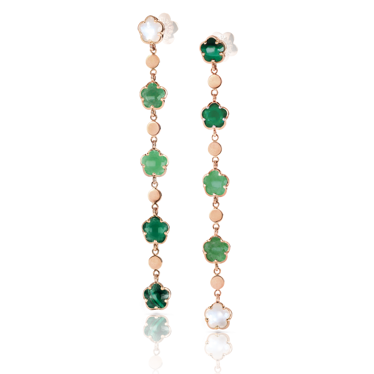 Earrings in 18k Rose Gold with green gems and Diamond.