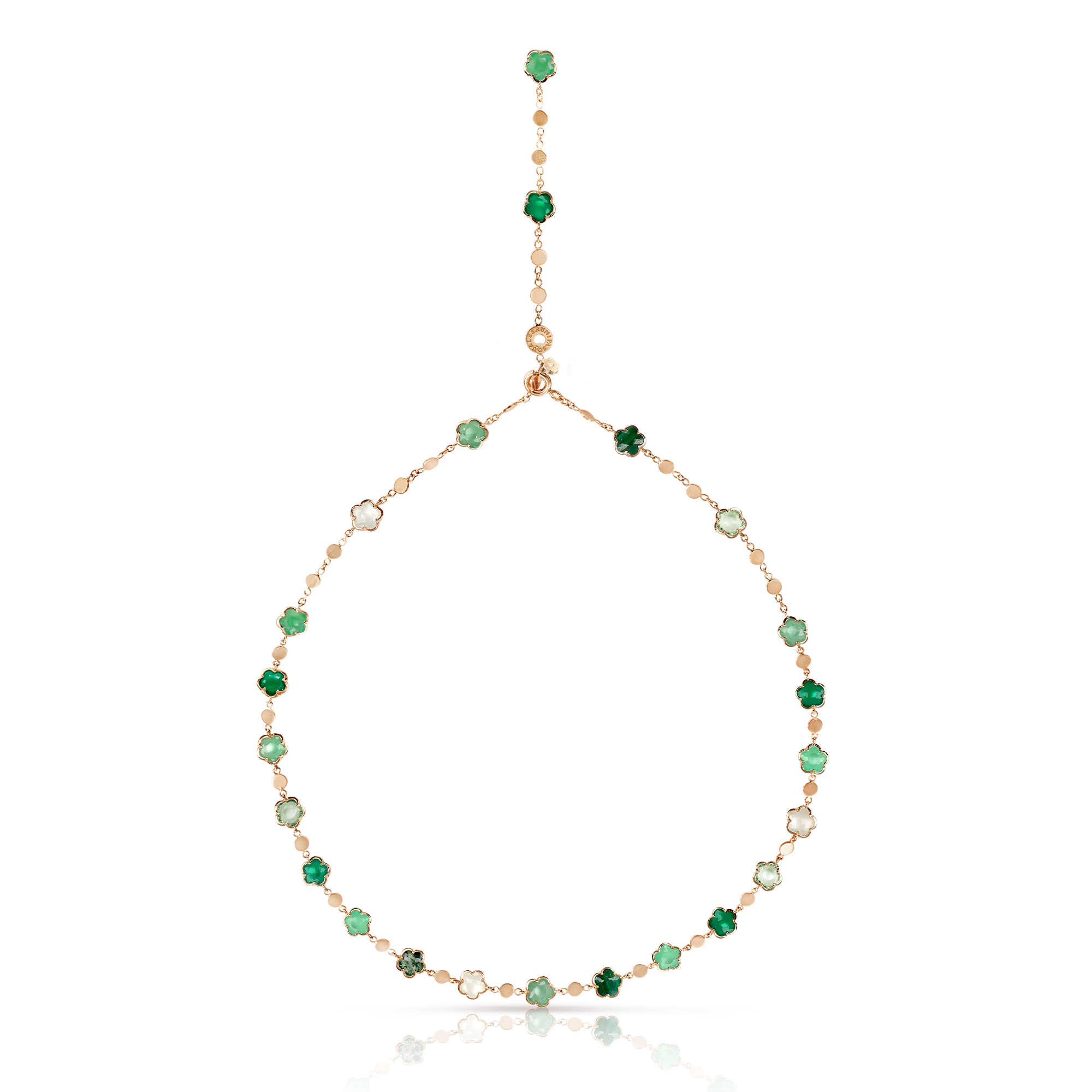 Necklace in 18k Rose Gold with green gems and Diamond.