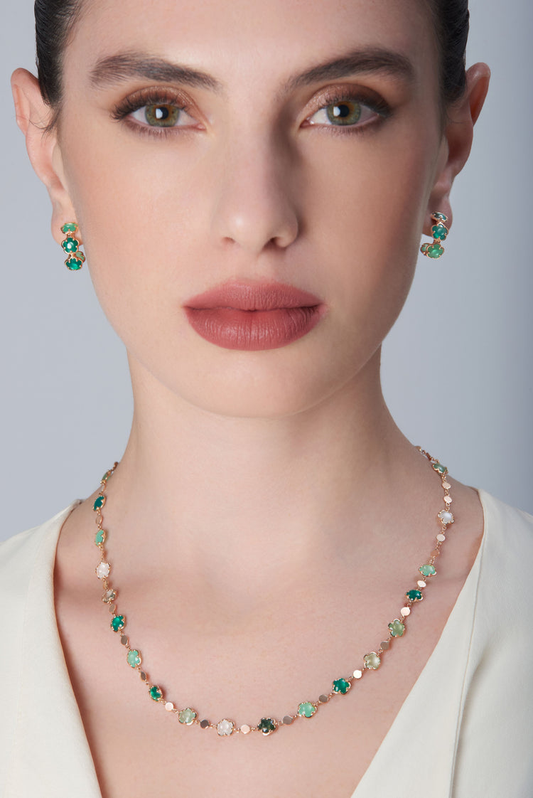 Earrings and necklace in 18k Rose Gold with green gems and Diamond.