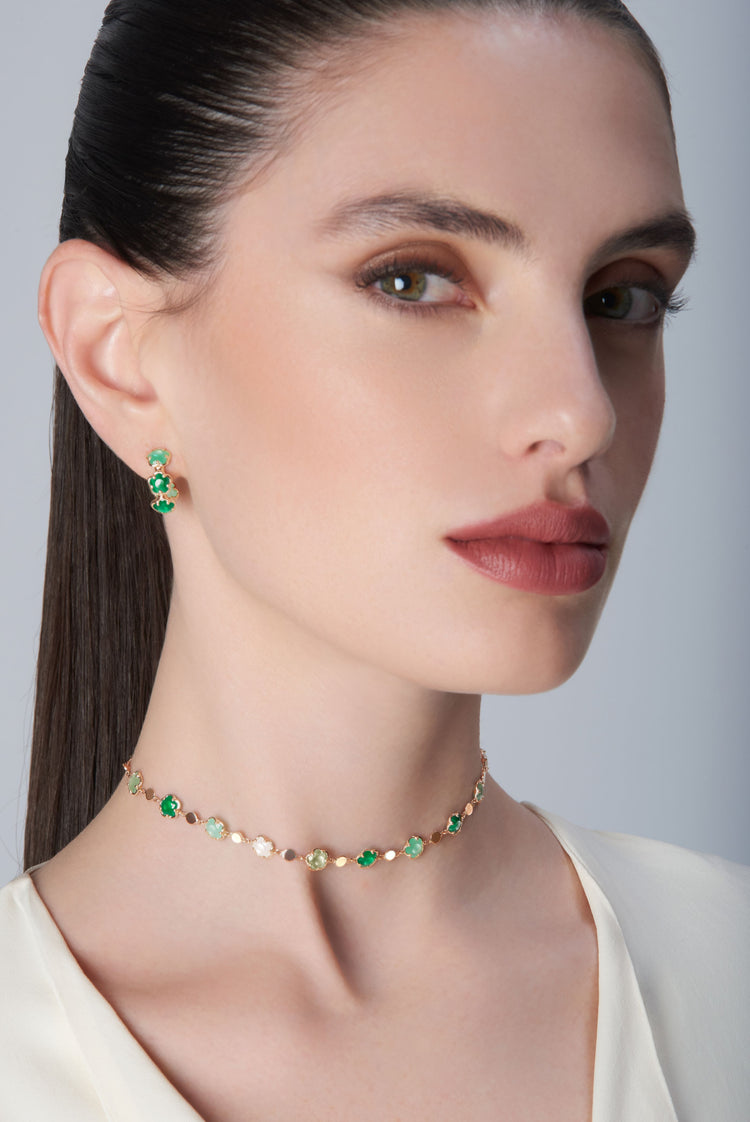 Earrings and necklace in 18k Rose Gold with green gems and Diamond.