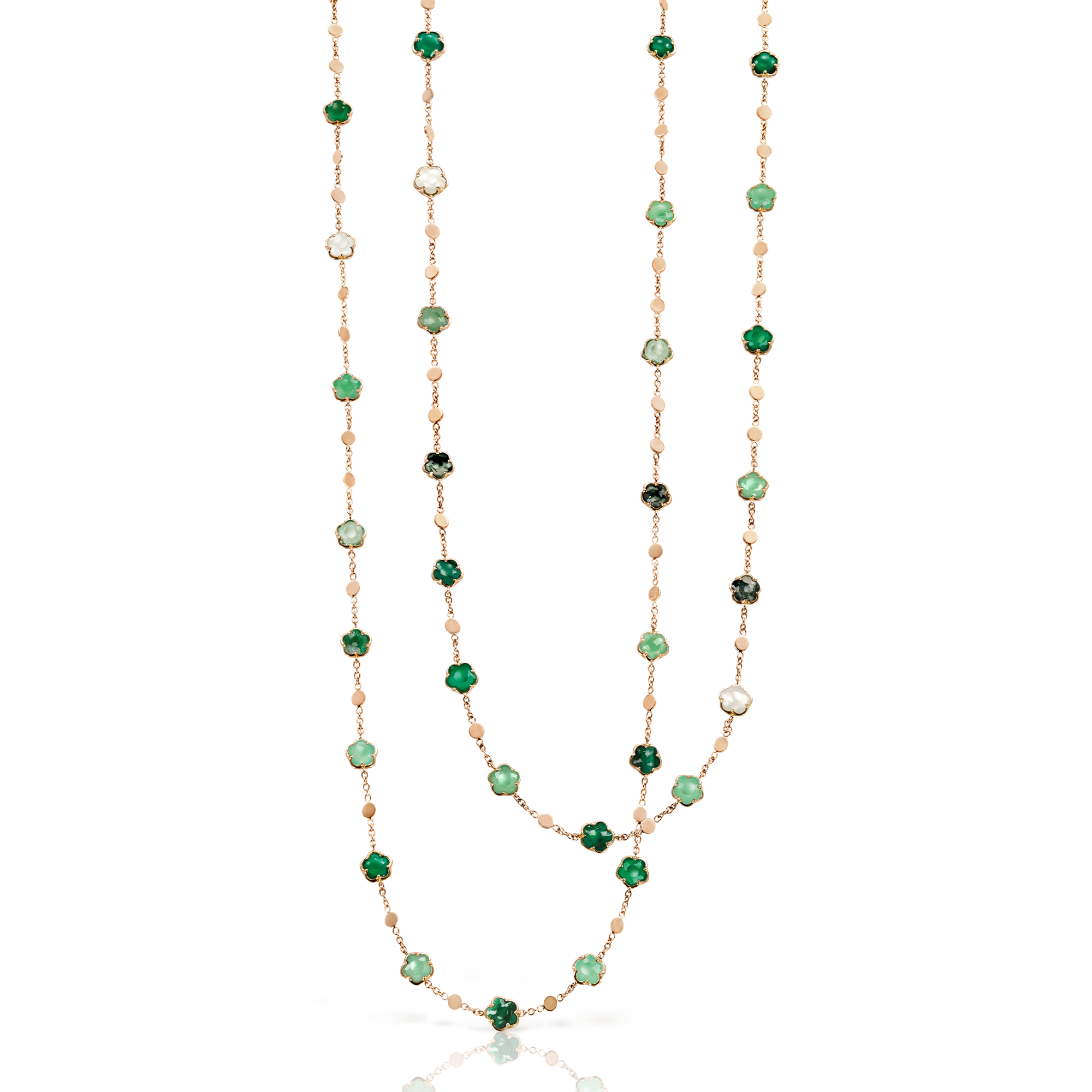 Necklace and earrings in 18k Rose Gold with Green Gems and Diamond.