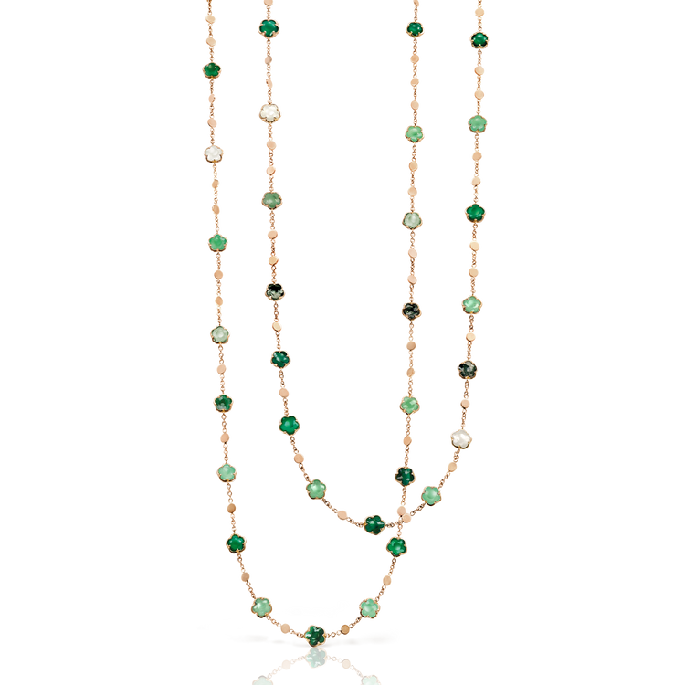 Necklace and earrings in 18k Rose Gold with Green Gems and Diamond.