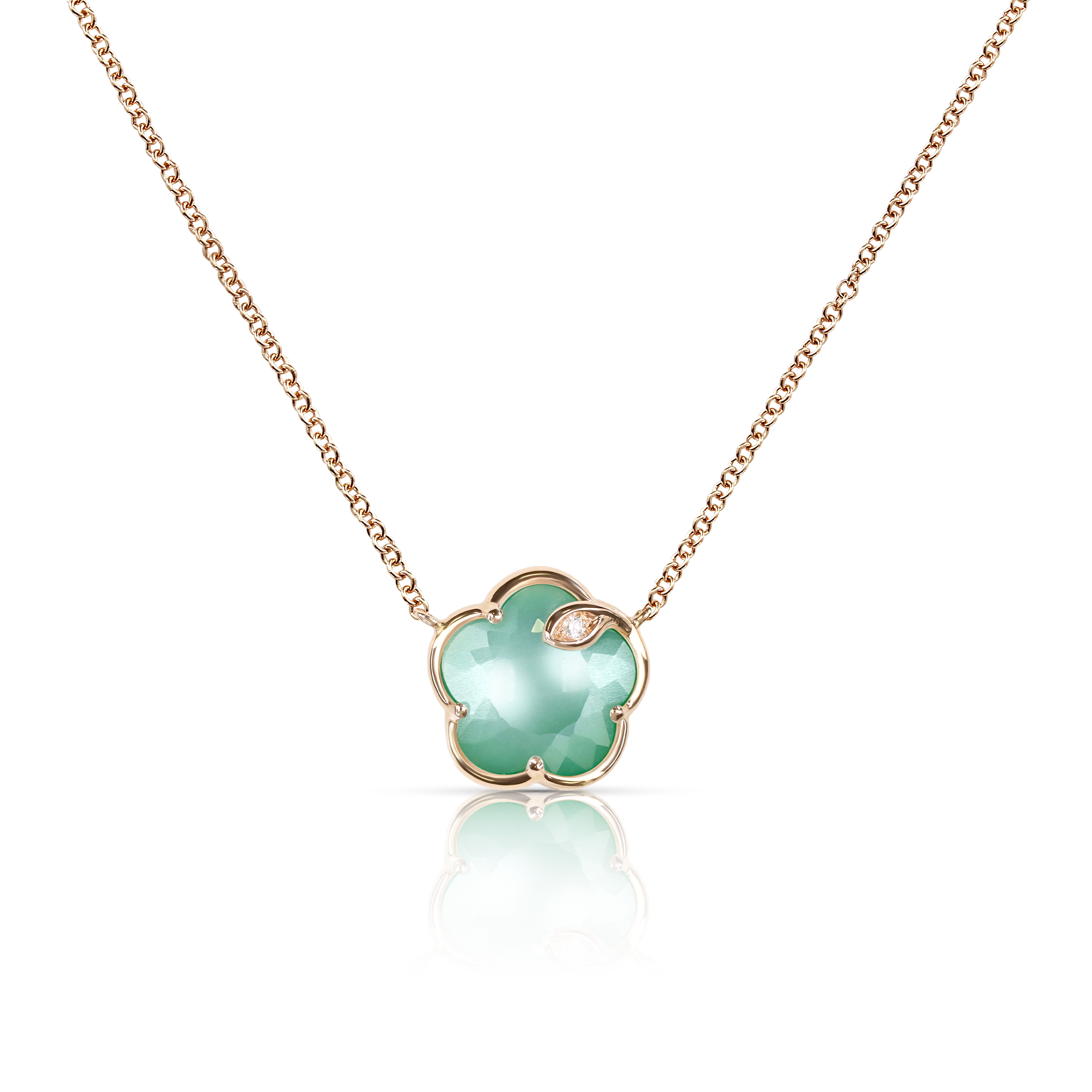 Necklace in 18k Rose Gold with Lunar
Garden Gem made of
Green Agate and White
Moonstone with Diamond.