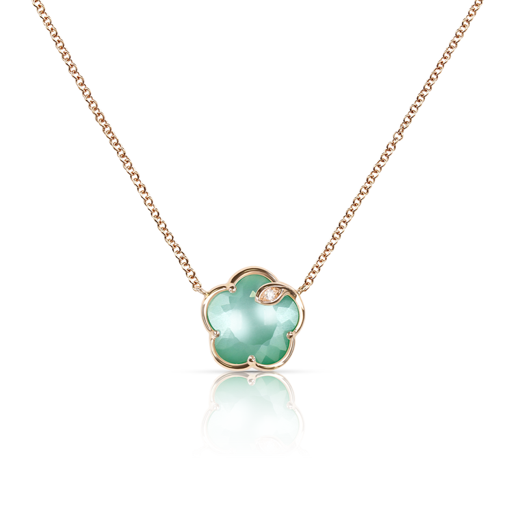 Necklace in 18k Rose Gold with Lunar
Garden Gem made of
Green Agate and White
Moonstone with Diamond.