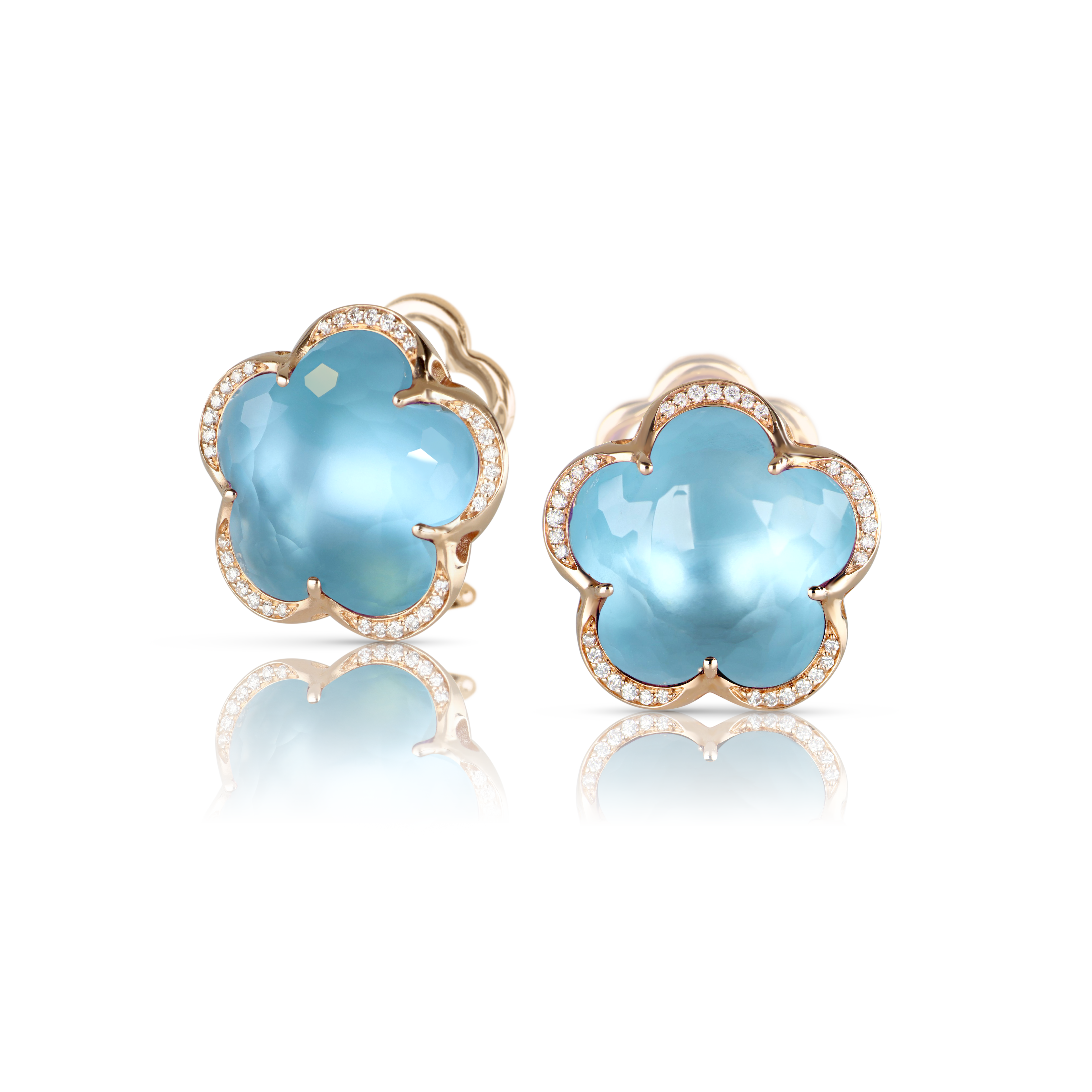 Earrings in 18k Rose Gold with Blue Topaz and diamond.