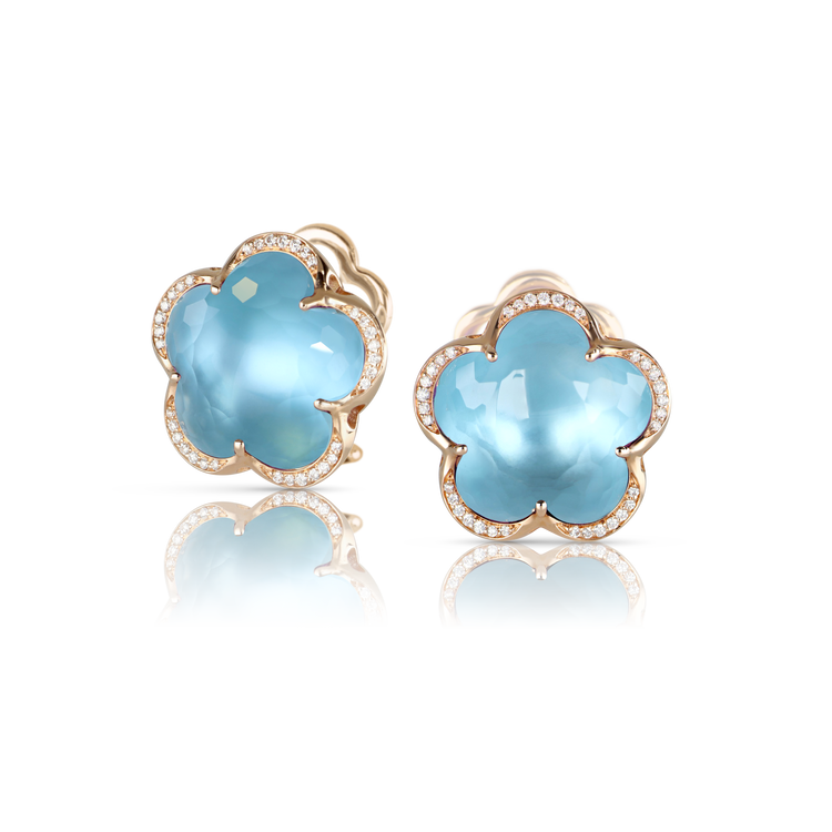 Earrings in 18k Rose Gold with Blue Topaz and diamond.