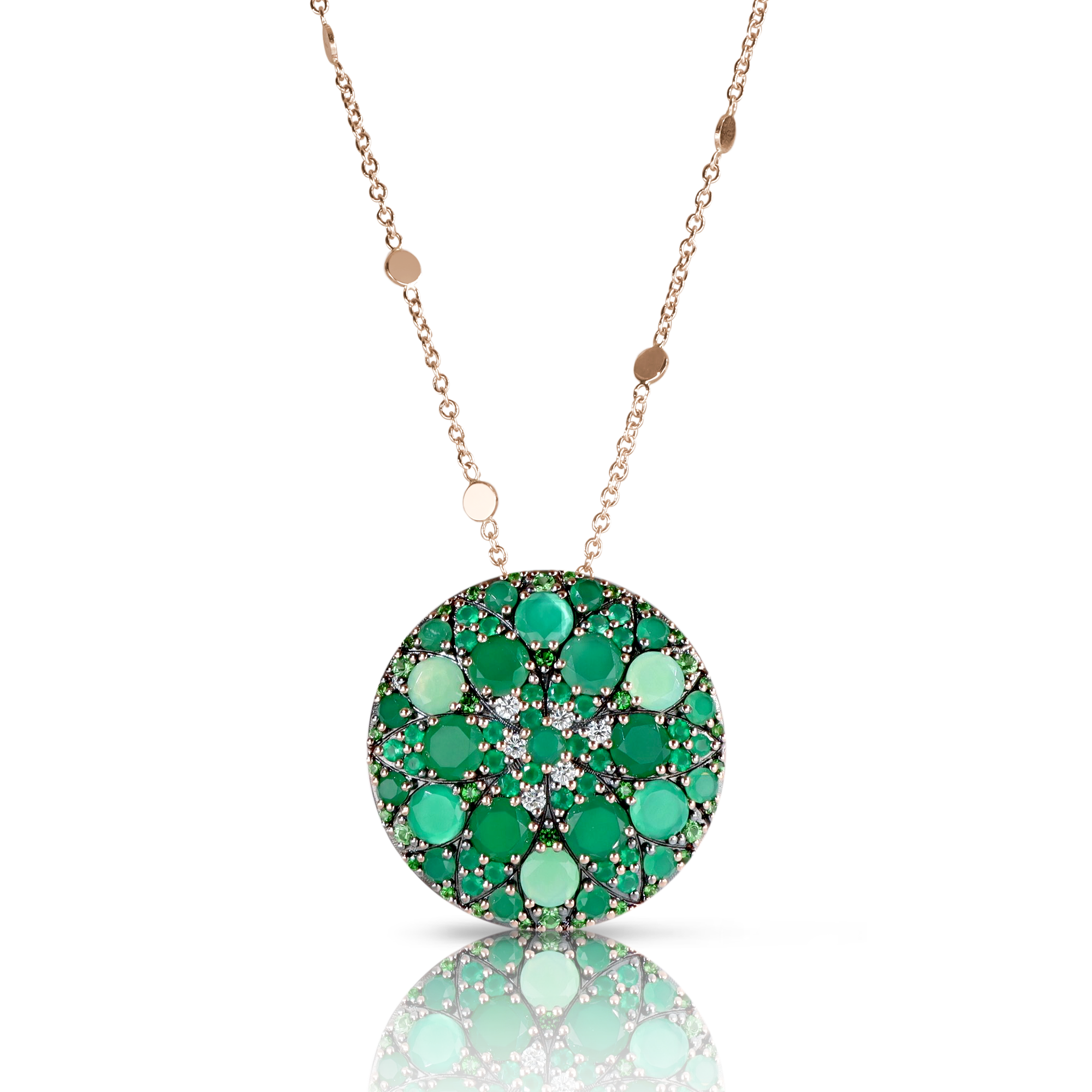 Necklace in 18k Rose Gold with green precious gemstones