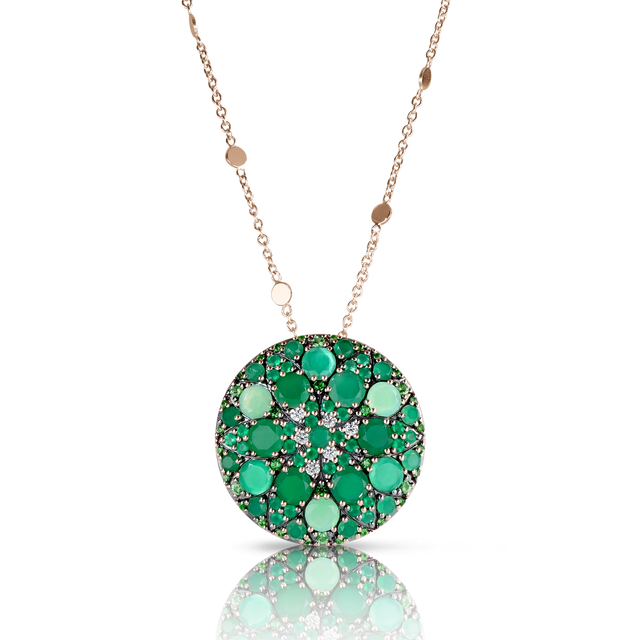 Necklace in 18k Rose Gold with green precious gemstones
