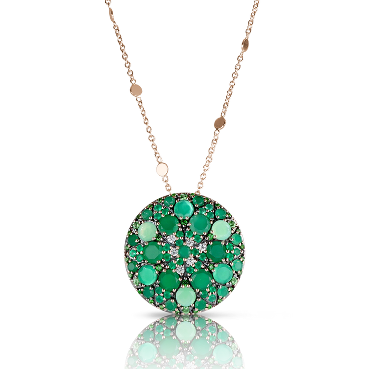 Necklace in 18k Rose Gold with green precious gemstones