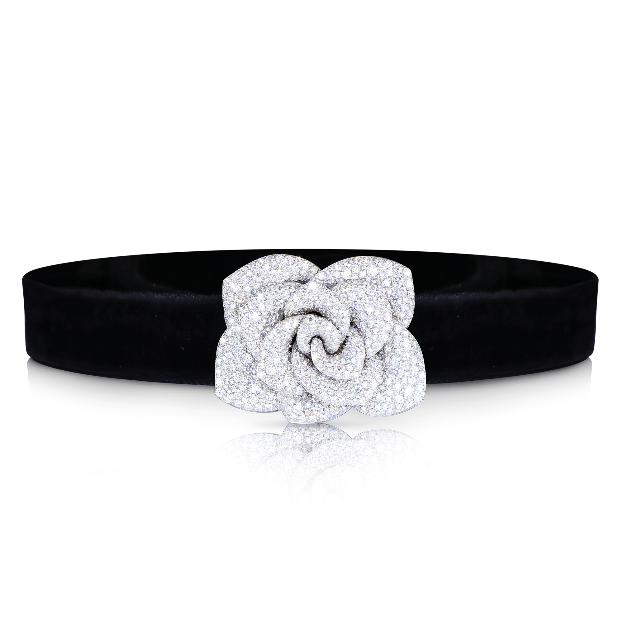 Black velvet choker with rosina brooch with 18k White Gold and white diamonds.