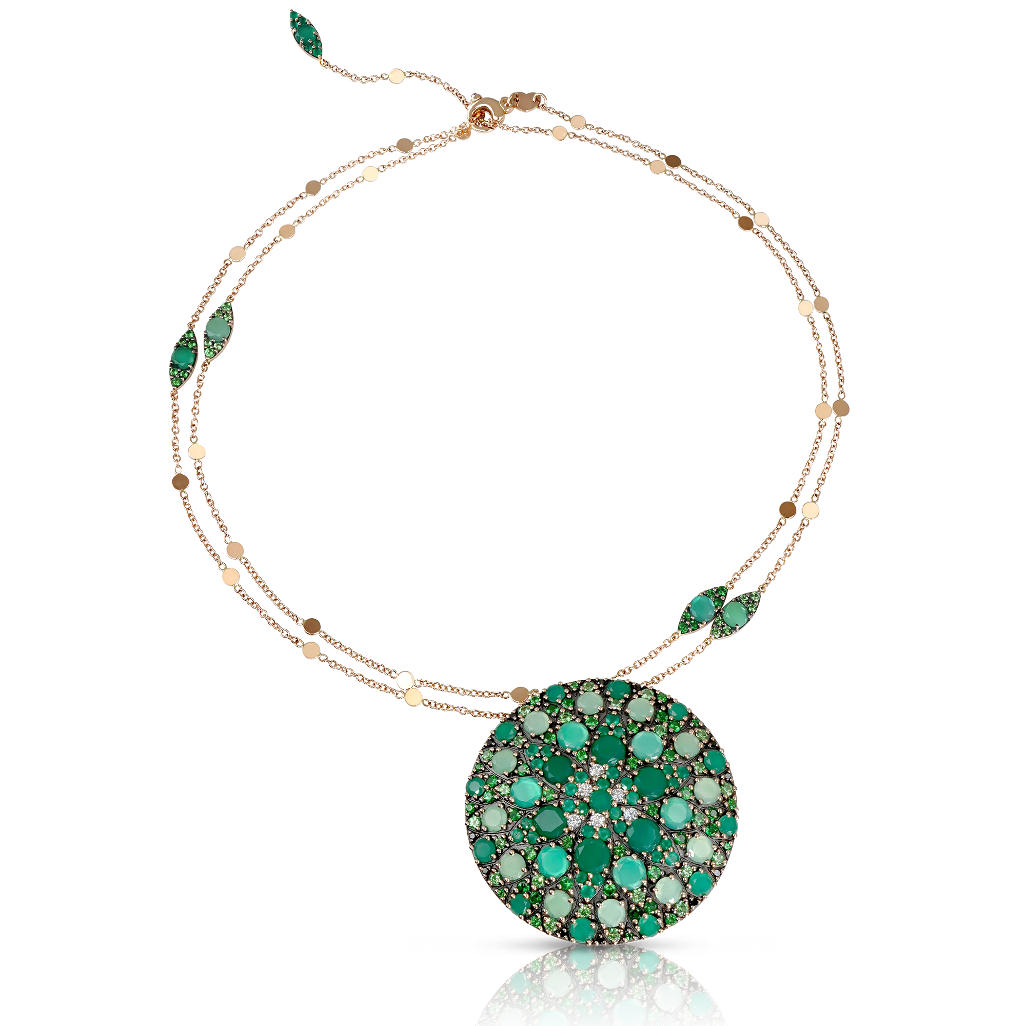 Necklace in in 18k Rose Gold with green precious gemstones.