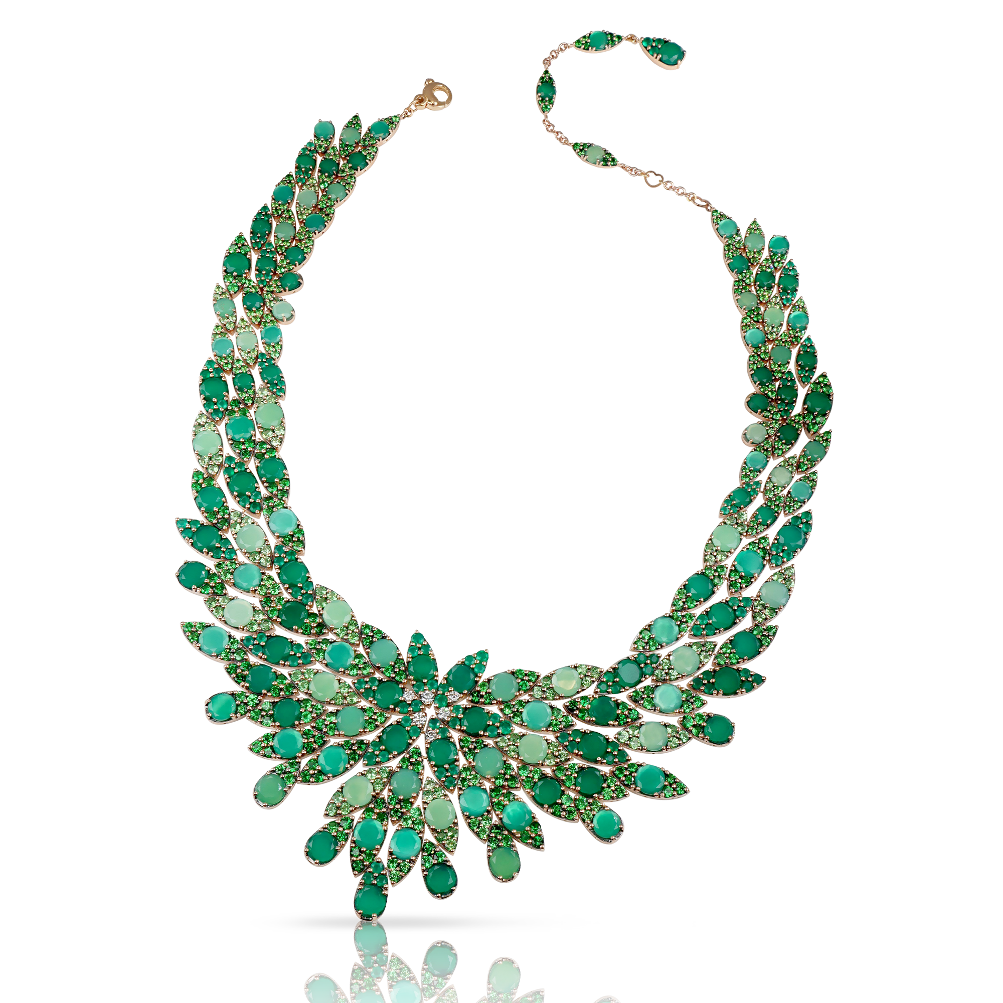 Collier in 18k Rose Gold with green precious gemstones and White Diamonds.