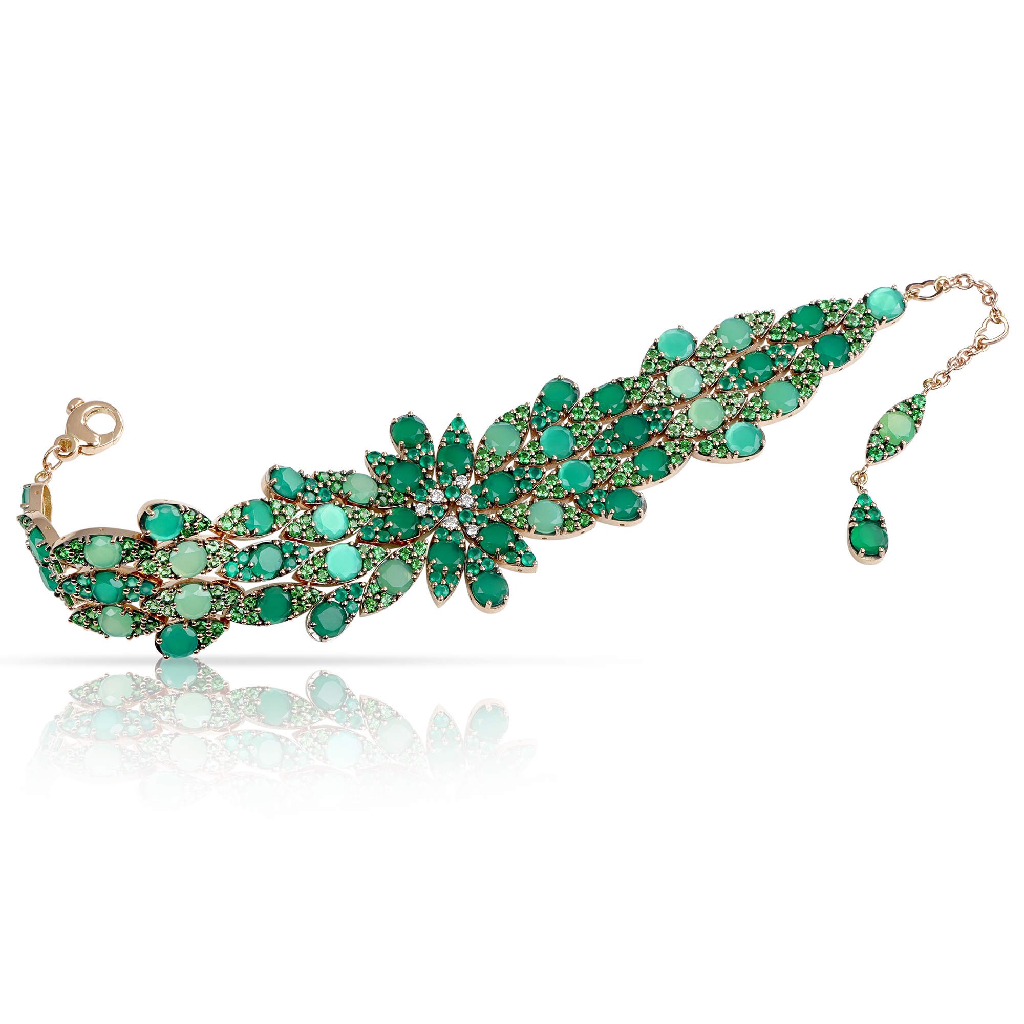 Bracelet in 18k Rose Gold with diamonds and green precious gemstones