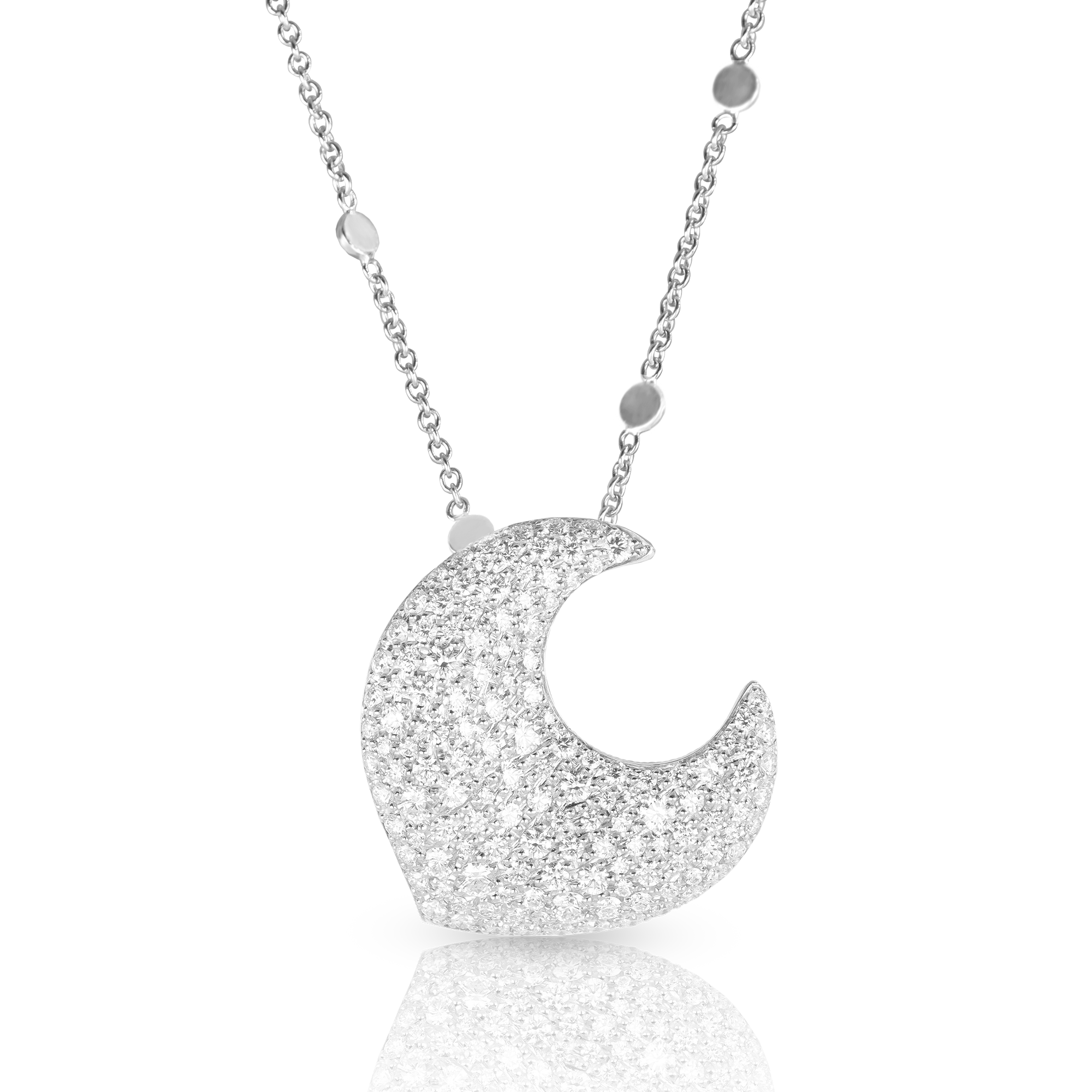 Necklace with moon pendant in white gold and diamonds.