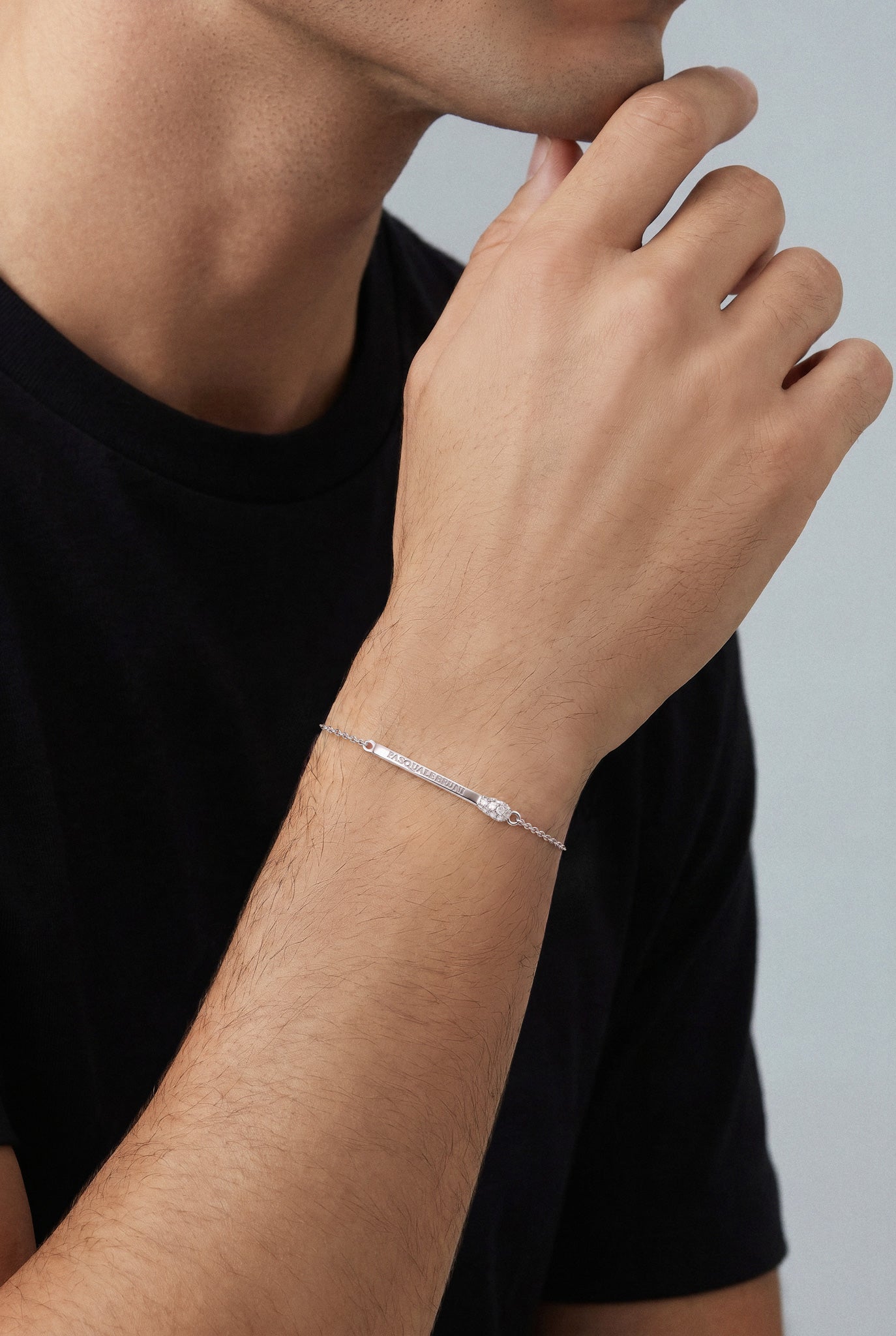 Model wearing a black tshirt and a Bracelet in 18k White gold with white diamonds
