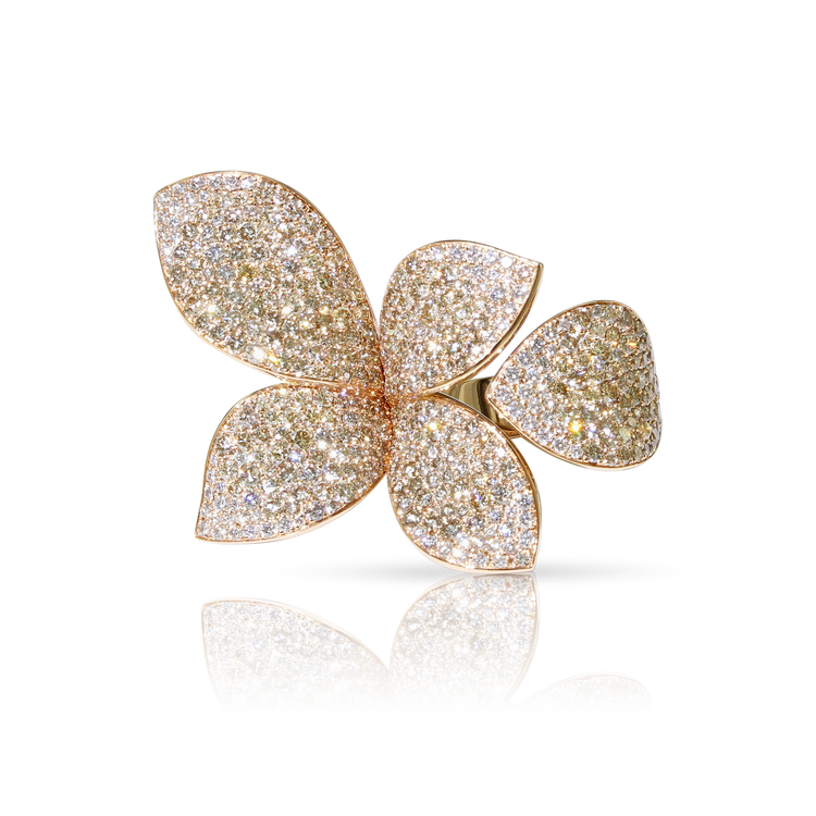 Giardini Segreti Five Leaves Medium Flower Ring in 18k Rose Gold with White and Champagne Diamonds.