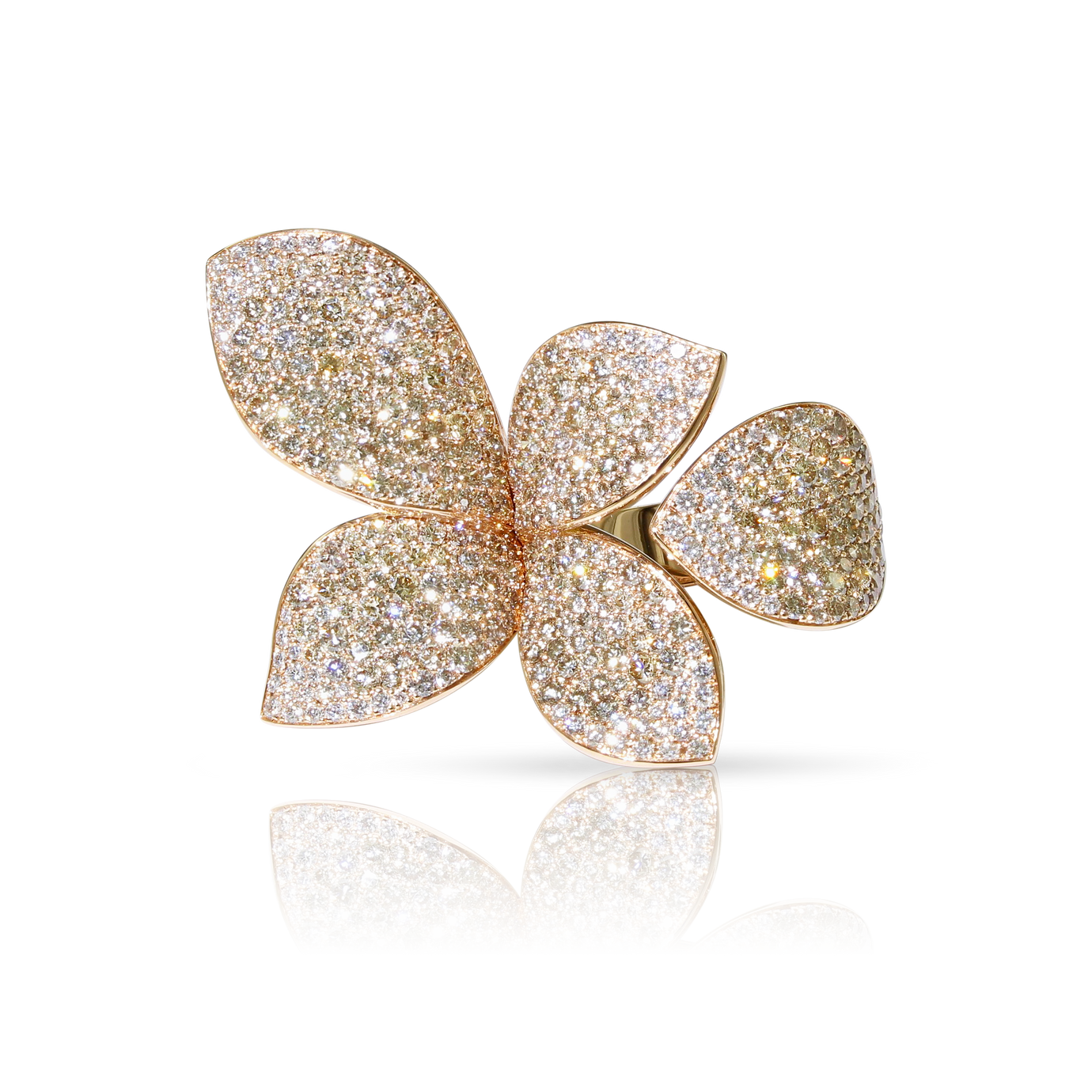 Giardini Segreti Five Leaves Medium Flower Ring in 18k Rose Gold with White and Champagne Diamonds.