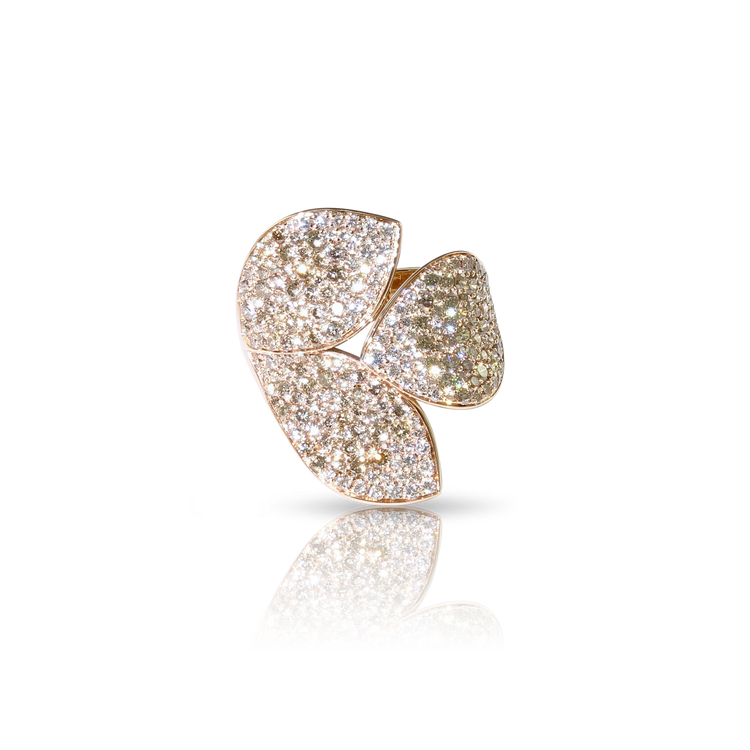 Giardini Segreti Three Leaves Ring in 18k Rose Gold with White and Champagne Diamonds.