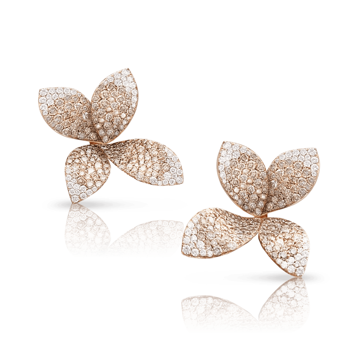 Giardini Segreti Medium Flower Earrings in 18k Rose Gold with White and Champagne Diamonds.