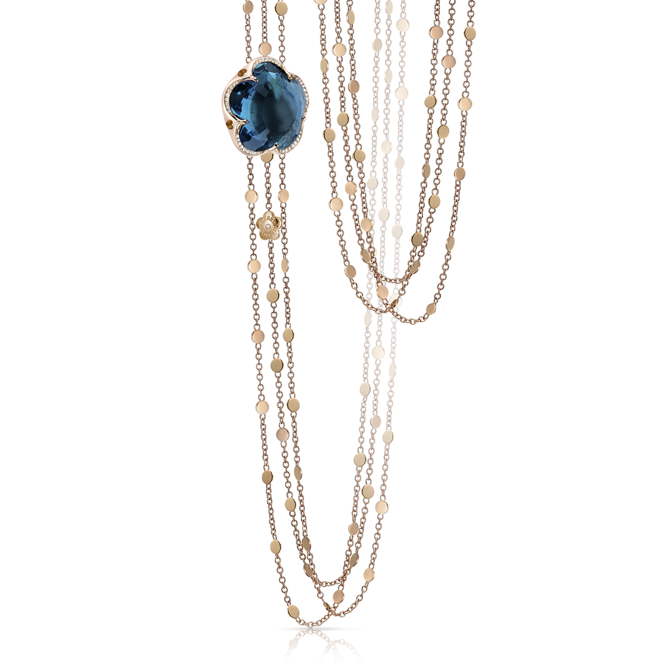Sautoir multi-chaine en or rose 18 carats avec topaze bleue de Londres et diamants