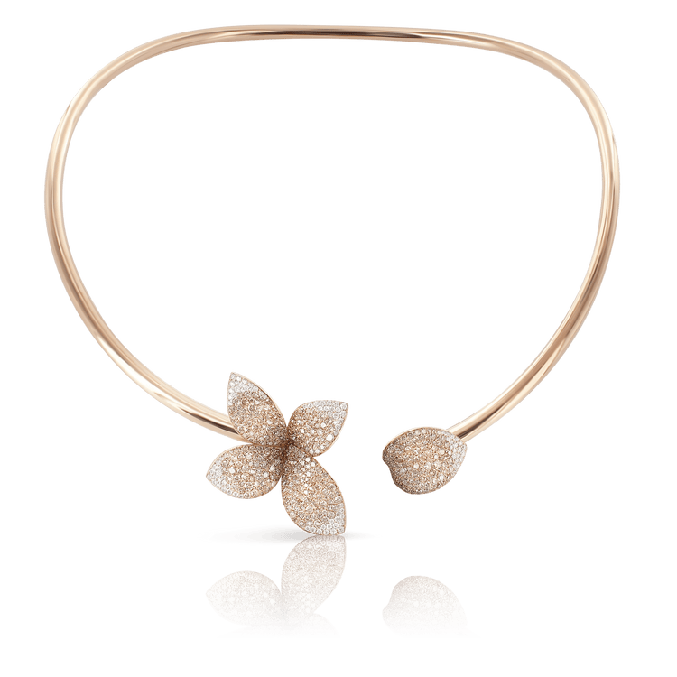 Giardini Segreti Single Flower Collier in 18k Rose Gold with White and Champagne Diamonds.