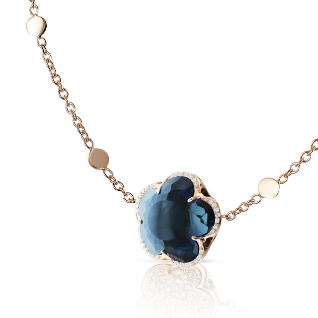 Necklace in 18k Rose Gold with London Blue Topaz and Diamonds.