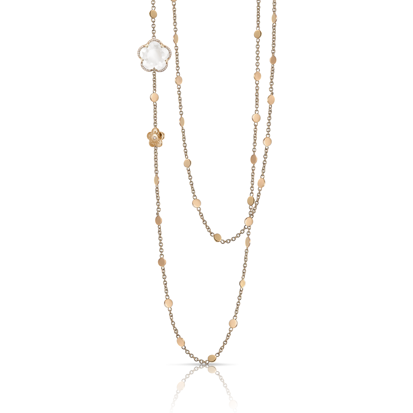 Sautoir en or rose 18 carats avec quartz laiteux et diamants