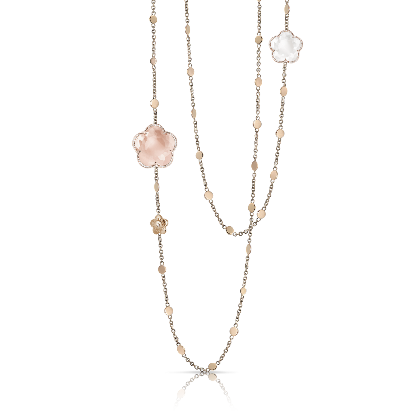 Sautoir en or rose 18 carats avec quartz rose, quartz laiteux et diamants